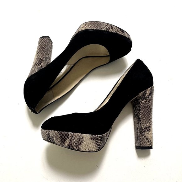 NWOB MICHAEL KORS Peep Toe Platform Pump Black Suede Snakeskin Size 7.5 Heels - Picture 1 of 10